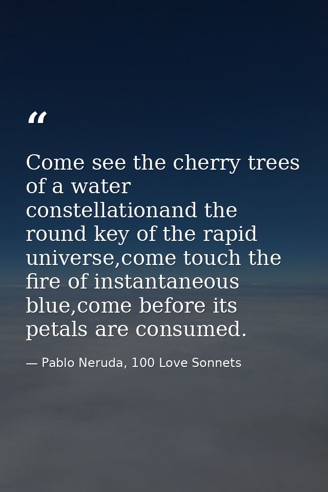 Come see the cherry trees of a water constellationand the round key of the rapid universe,come touch the fire of instant — Pablo Neruda, 100 Love Sonnets