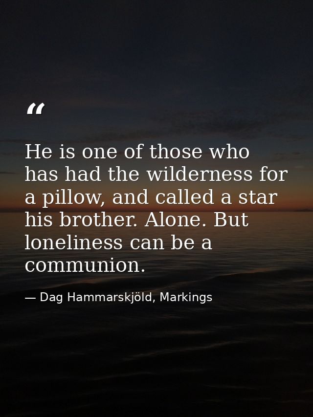 He is one of those who has had the wilderness for a pillow, and called a star his brother. Alone. But loneliness can be  — Dag Hammarskjöld, Markings