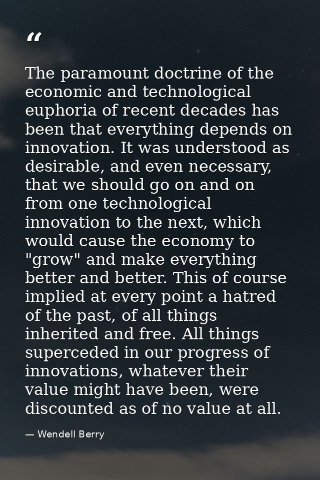 The paramount doctrine of the economic and technological euphoria of recent decades has been that everything depends on  — Wendell Berry