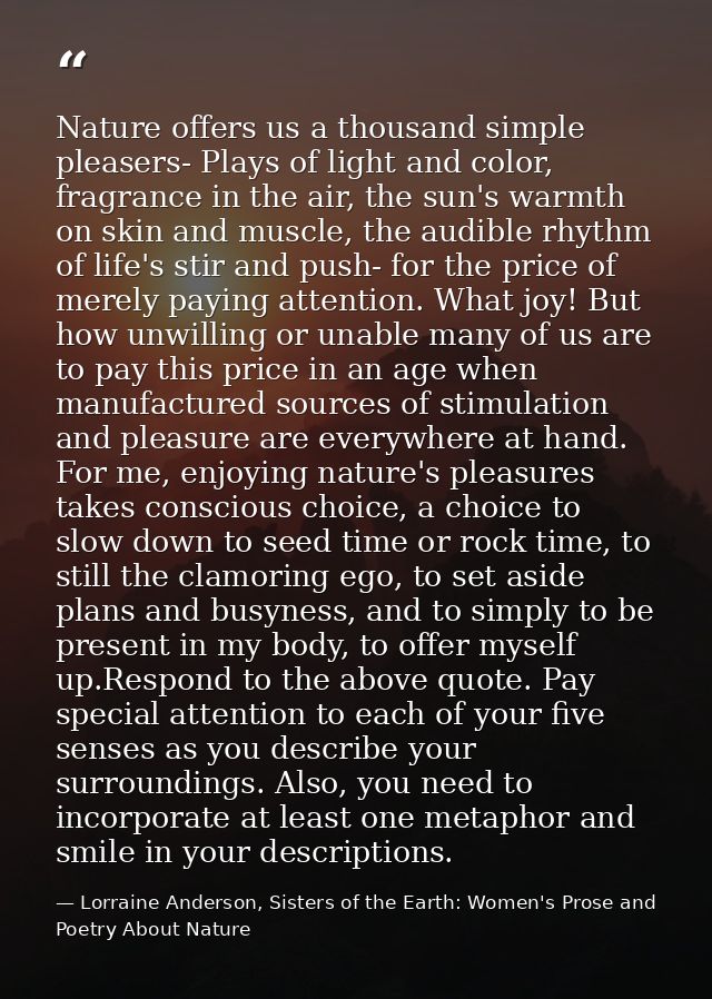 Nature offers us a thousand simple pleasers- Plays of light and color, fragrance in the air, the sun's warmth on skin an — Lorraine Anderson, Sisters of the Earth: Women's Prose and Poetry About Nature