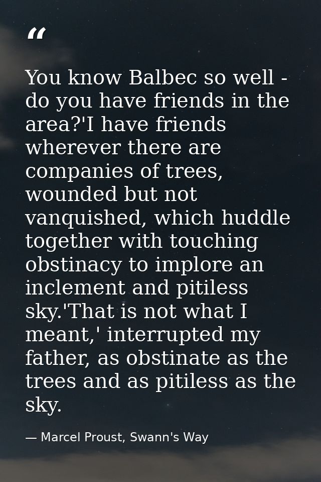 You know Balbec so well - do you have friends in the area?'I have friends wherever there are companies of trees, wounded — Marcel Proust, Swann's Way