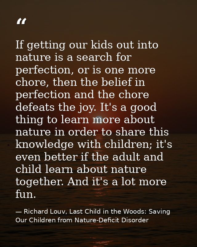 If getting our kids out into nature is a search for perfection, or is one more chore, then the belief in perfection and  — Richard Louv, Last Child in the Woods: Saving Our Children from Nature-Deficit Disorder