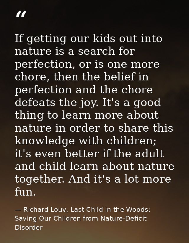 If getting our kids out into nature is a search for perfection, or is one more chore, then the belief in perfection and  — Richard Louv, Last Child in the Woods: Saving Our Children from Nature-Deficit Disorder
