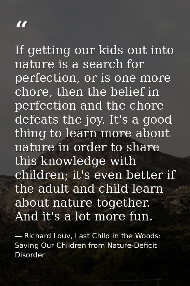 If getting our kids out into nature is a search for perfection, or is one more chore, then the belief in perfection and  — Richard Louv, Last Child in the Woods: Saving Our Children from Nature-Deficit Disorder