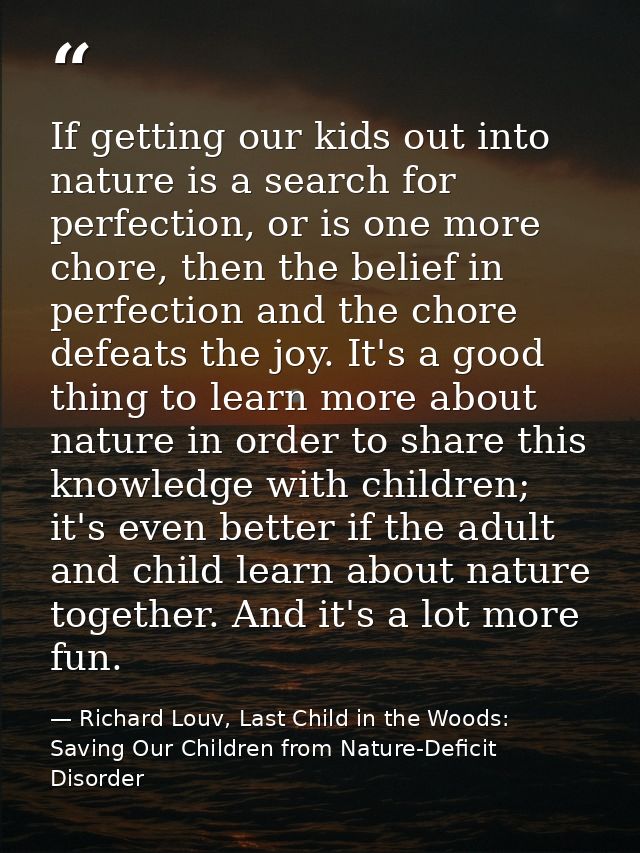 If getting our kids out into nature is a search for perfection, or is one more chore, then the belief in perfection and  — Richard Louv, Last Child in the Woods: Saving Our Children from Nature-Deficit Disorder