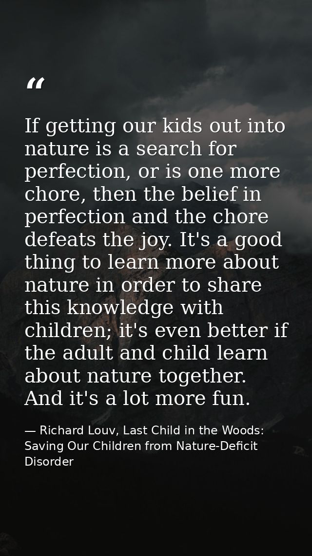 If getting our kids out into nature is a search for perfection, or is one more chore, then the belief in perfection and  — Richard Louv, Last Child in the Woods: Saving Our Children from Nature-Deficit Disorder
