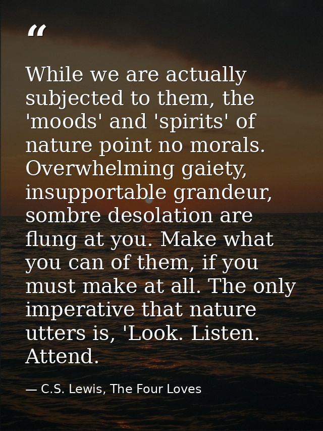 While we are actually subjected to them, the 'moods' and 'spirits' of nature point no morals. Overwhelming gaiety, insup — C.S. Lewis, The Four Loves
