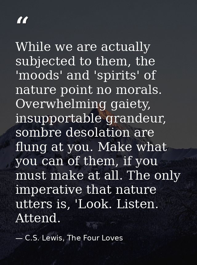 While we are actually subjected to them, the 'moods' and 'spirits' of nature point no morals. Overwhelming gaiety, insup — C.S. Lewis, The Four Loves