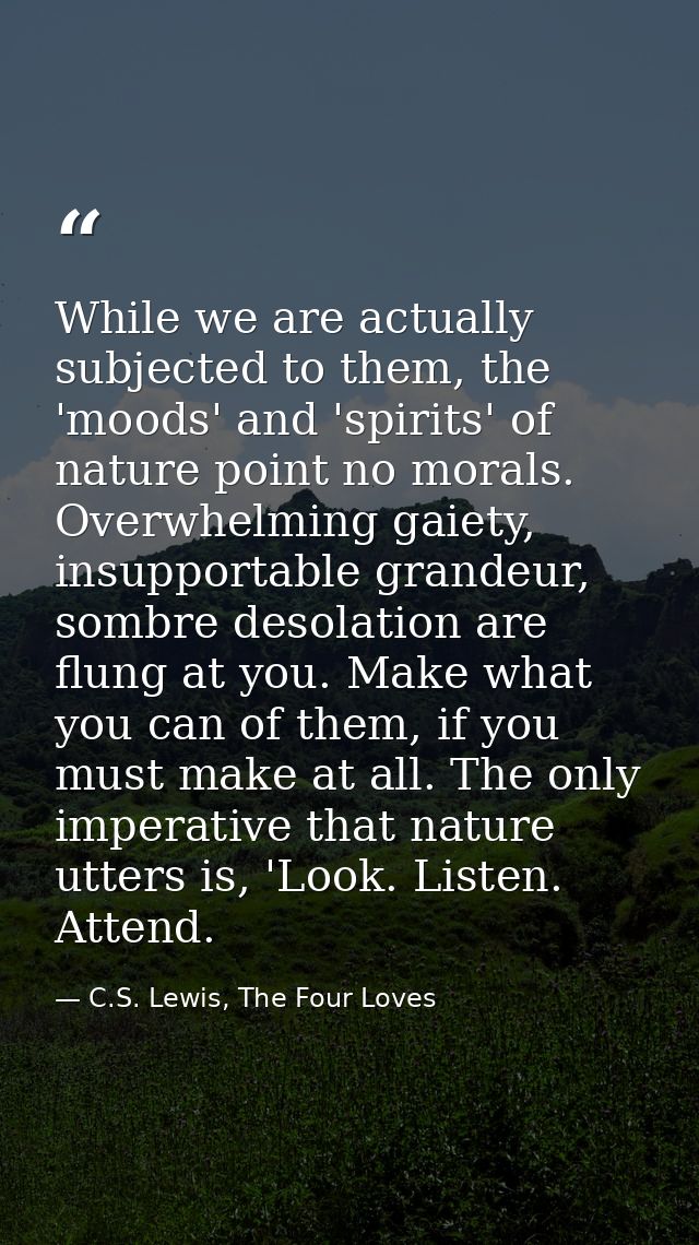 While we are actually subjected to them, the 'moods' and 'spirits' of nature point no morals. Overwhelming gaiety, insup — C.S. Lewis, The Four Loves
