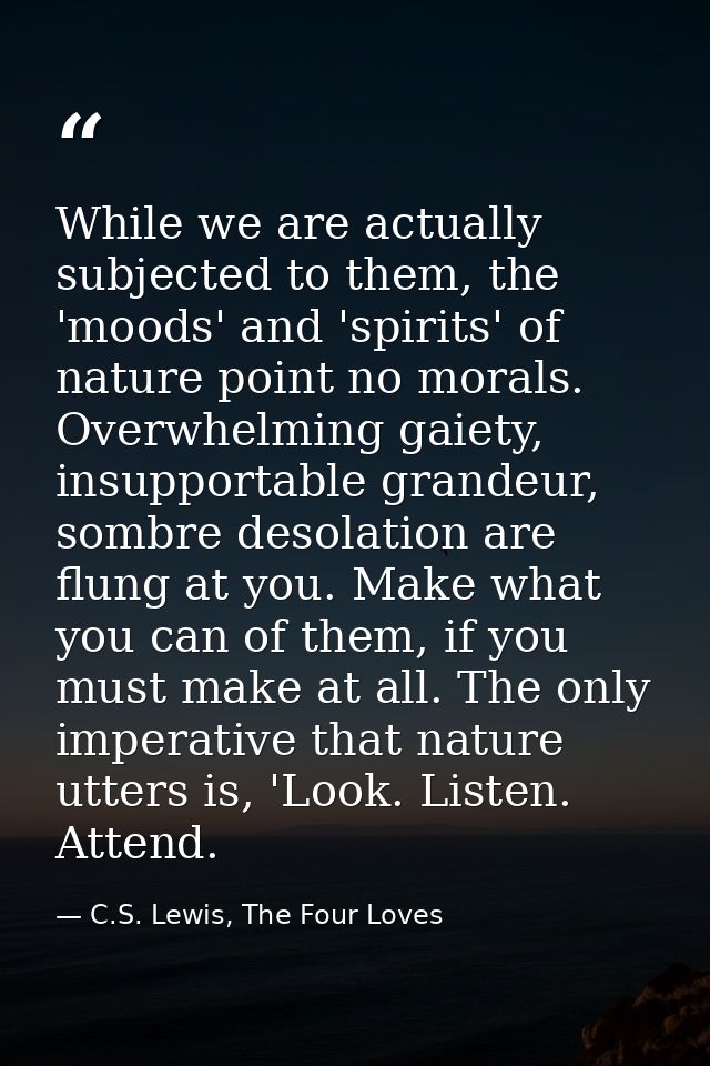 While we are actually subjected to them, the 'moods' and 'spirits' of nature point no morals. Overwhelming gaiety, insup — C.S. Lewis, The Four Loves