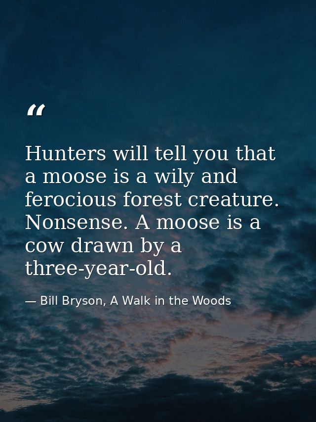 Hunters will tell you that a moose is a wily and ferocious forest creature. Nonsense. A moose is a cow drawn by a three- — Bill Bryson, A Walk in the Woods