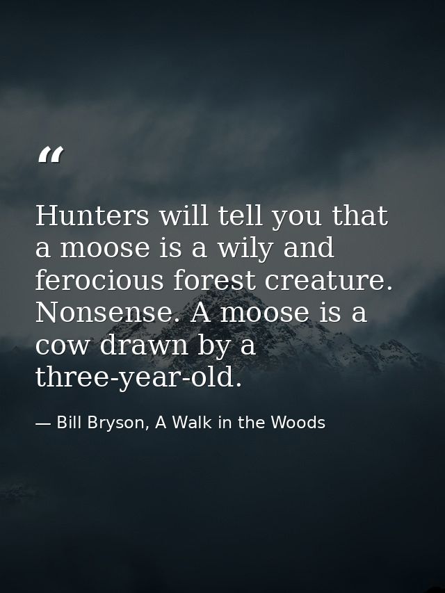 Hunters will tell you that a moose is a wily and ferocious forest creature. Nonsense. A moose is a cow drawn by a three- — Bill Bryson, A Walk in the Woods
