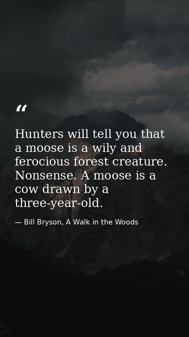 Hunters will tell you that a moose is a wily and ferocious forest creature. Nonsense. A moose is a cow drawn by a three- — Bill Bryson, A Walk in the Woods