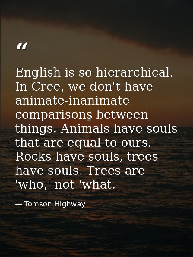 English is so hierarchical. In Cree, we don't have animate-inanimate comparisons between things. Animals have souls that — Tomson Highway