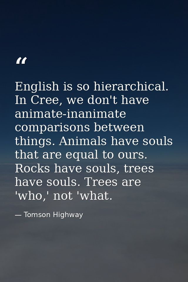 English is so hierarchical. In Cree, we don't have animate-inanimate comparisons between things. Animals have souls that — Tomson Highway