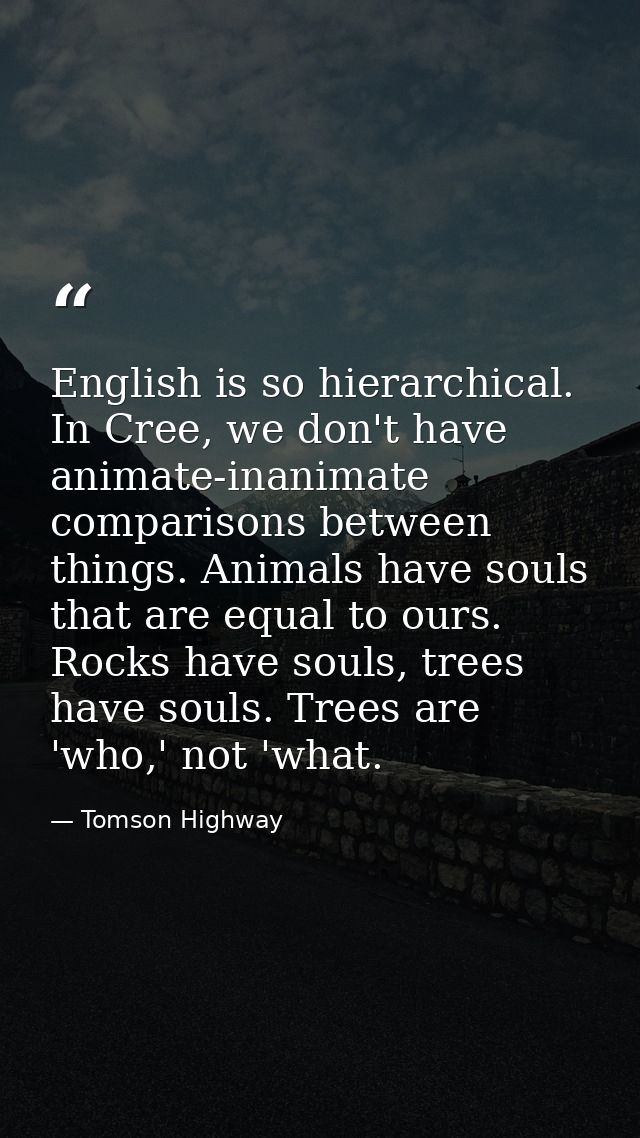 English is so hierarchical. In Cree, we don't have animate-inanimate comparisons between things. Animals have souls that — Tomson Highway