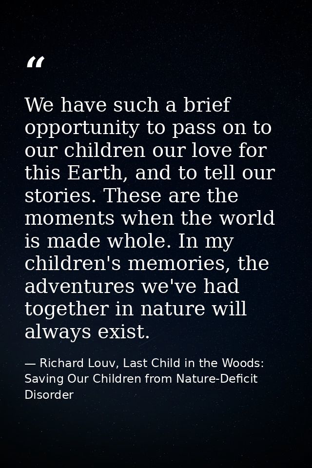 We have such a brief opportunity to pass on to our children our love for this Earth, and to tell our stories. These are  — Richard Louv, Last Child in the Woods: Saving Our Children from Nature-Deficit Disorder