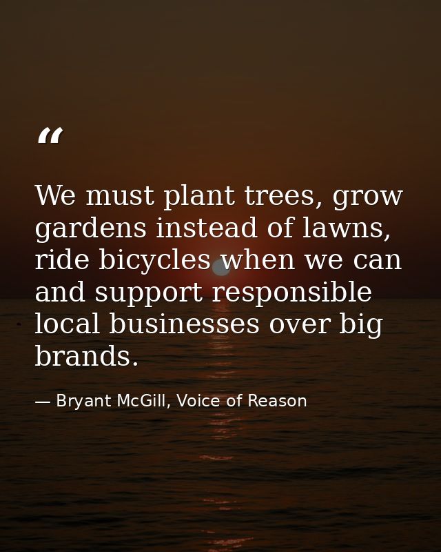 We must plant trees, grow gardens instead of lawns, ride bicycles when we can and support responsible local businesses o — Bryant McGill, Voice of Reason