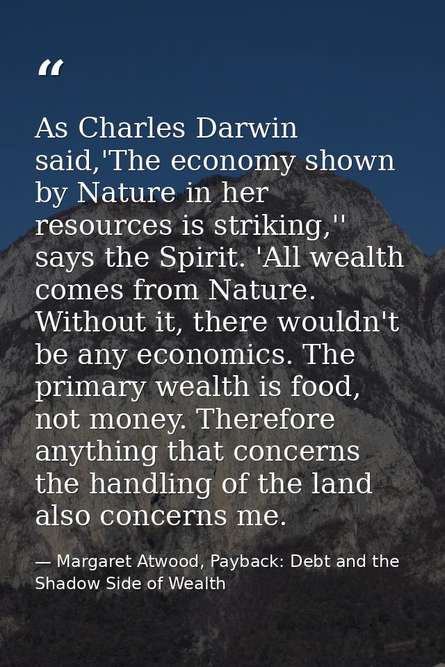 As Charles Darwin said,'The economy shown by Nature in her resources is striking,'' says the Spirit. 'All wealth comes f — Margaret Atwood, Payback: Debt and the Shadow Side of Wealth