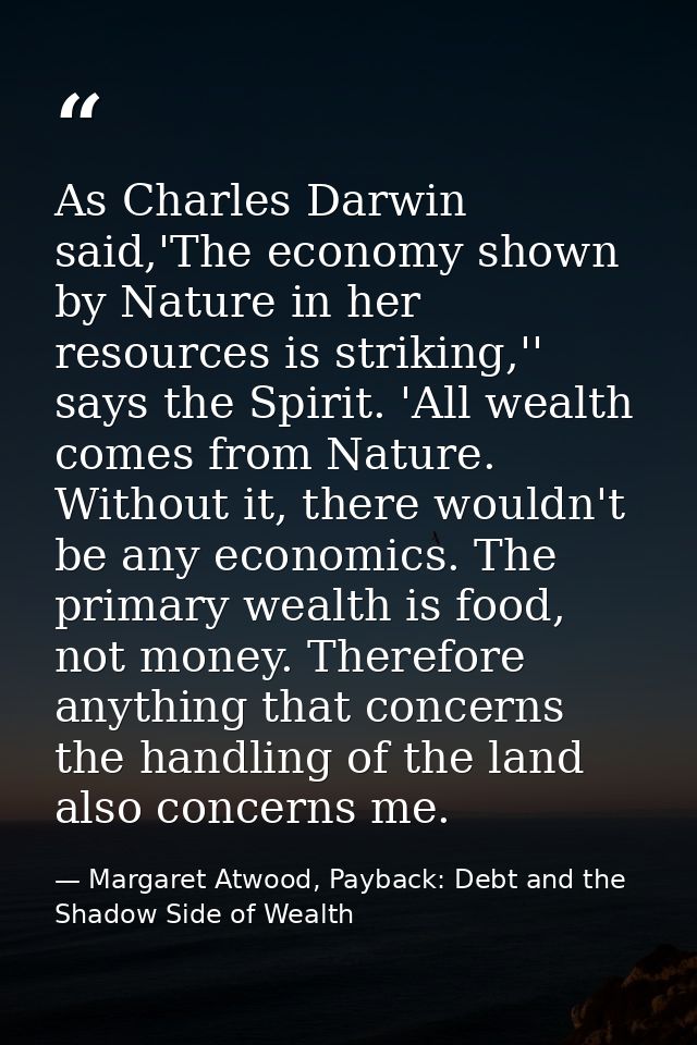 As Charles Darwin said,'The economy shown by Nature in her resources is striking,'' says the Spirit. 'All wealth comes f — Margaret Atwood, Payback: Debt and the Shadow Side of Wealth