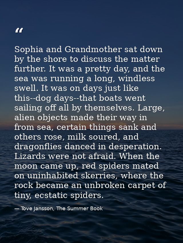 Sophia and Grandmother sat down by the shore to discuss the matter further. It was a pretty day, and the sea was running — Tove Jansson, The Summer Book