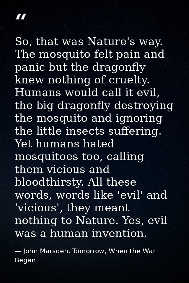 So, that was Nature's way. The mosquito felt pain and panic but the dragonfly knew nothing of cruelty. Humans would call — John Marsden, Tomorrow, When the War Began