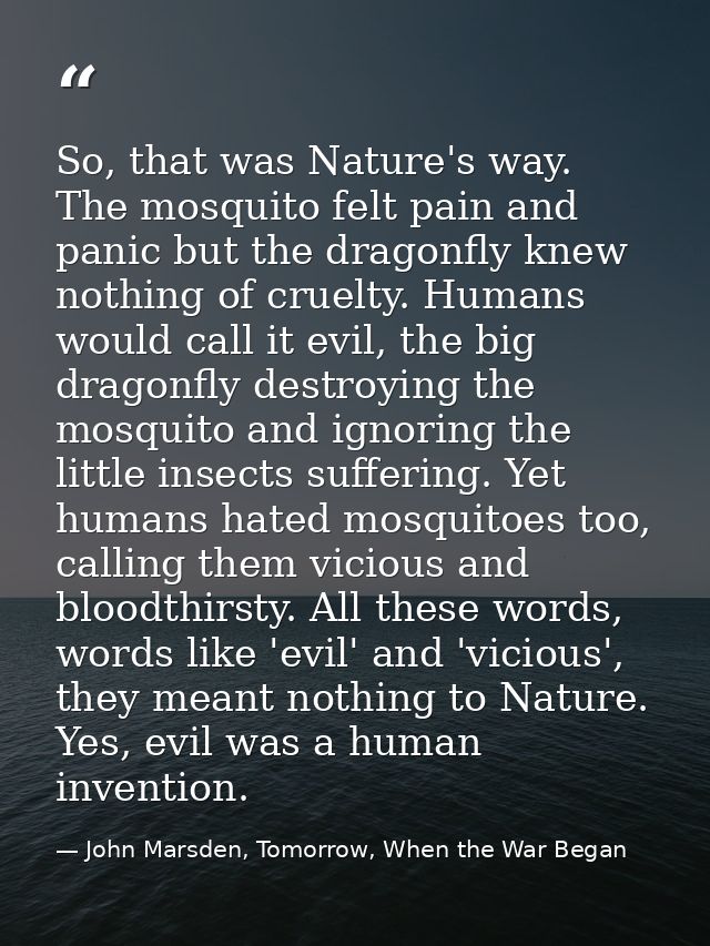 So, that was Nature's way. The mosquito felt pain and panic but the dragonfly knew nothing of cruelty. Humans would call — John Marsden, Tomorrow, When the War Began