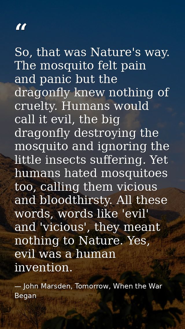 So, that was Nature's way. The mosquito felt pain and panic but the dragonfly knew nothing of cruelty. Humans would call — John Marsden, Tomorrow, When the War Began