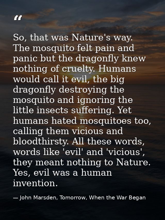 So, that was Nature's way. The mosquito felt pain and panic but the dragonfly knew nothing of cruelty. Humans would call — John Marsden, Tomorrow, When the War Began