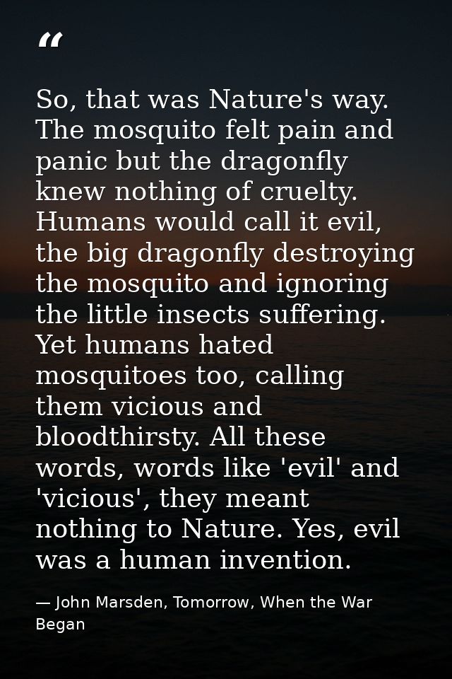 So, that was Nature's way. The mosquito felt pain and panic but the dragonfly knew nothing of cruelty. Humans would call — John Marsden, Tomorrow, When the War Began