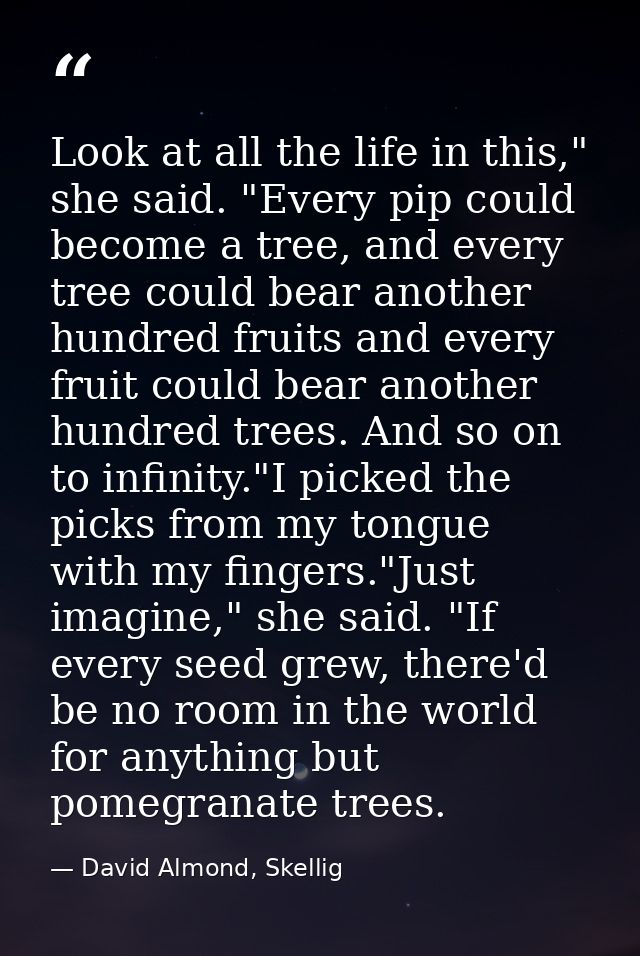Look at all the life in this," she said. "Every pip could become a tree, and every tree could bear another hundred fruit — David Almond, Skellig