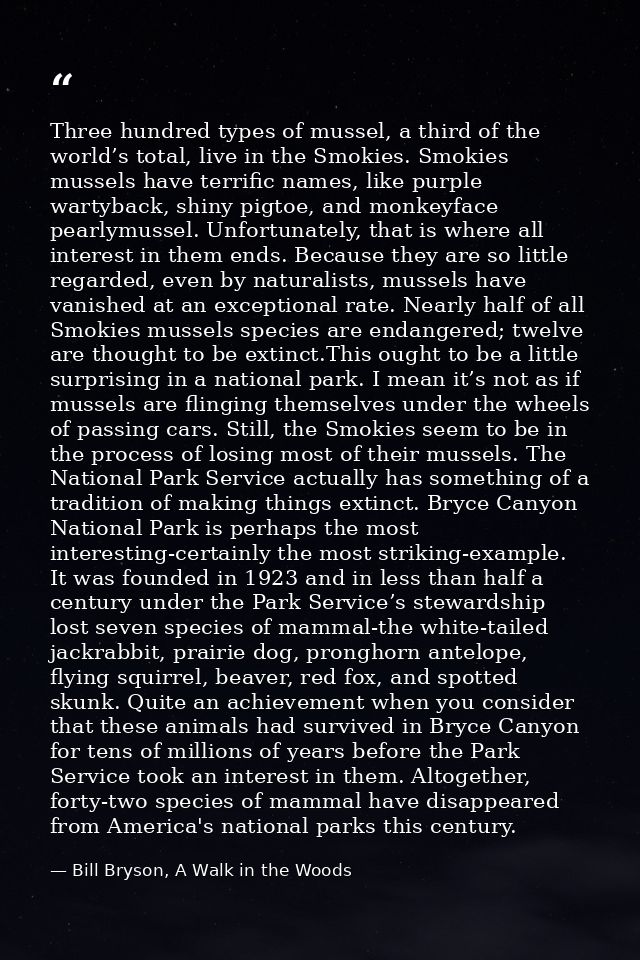 Three hundred types of mussel, a third of the world’s total, live in the Smokies. Smokies mussels have terrific names, l — Bill Bryson, A Walk in the Woods