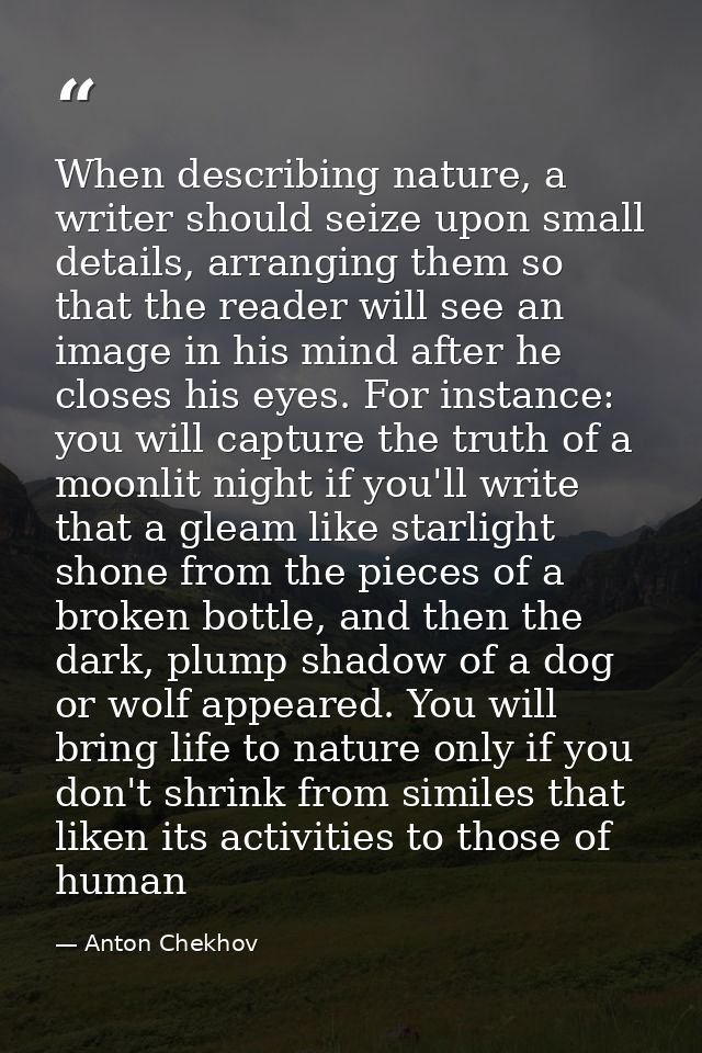 When describing nature, a writer should seize upon small details, arranging them so that the reader will see an image in — Anton Chekhov