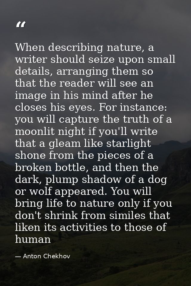 When describing nature, a writer should seize upon small details, arranging them so that the reader will see an image in — Anton Chekhov