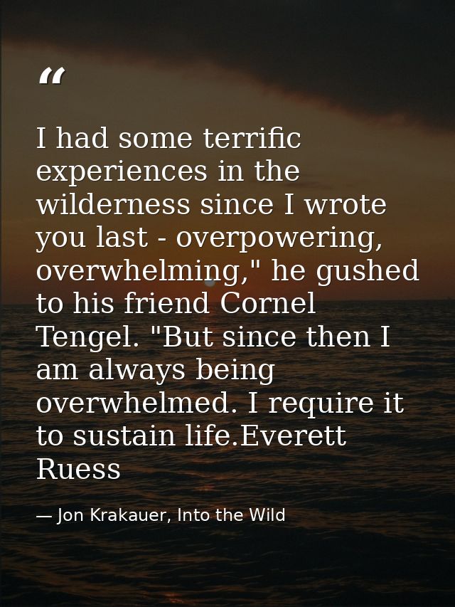 I had some terrific experiences in the wilderness since I wrote you last - overpowering, overwhelming," he gushed to his — Jon Krakauer, Into the Wild