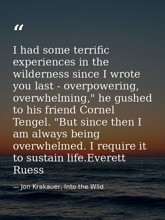 I had some terrific experiences in the wilderness since I wrote you last - overpowering, overwhelming," he gushed to his — Jon Krakauer, Into the Wild