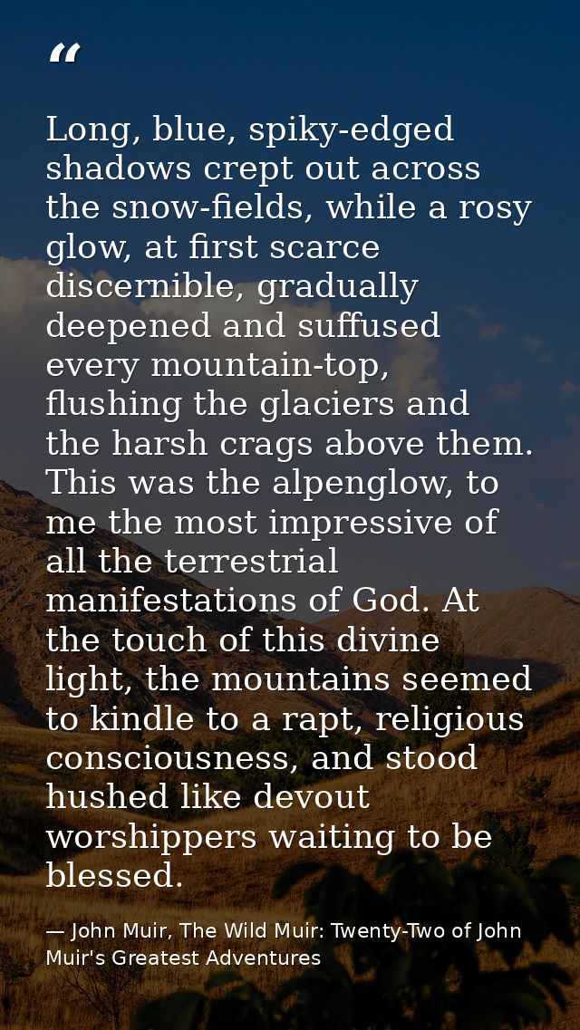 Long, blue, spiky-edged shadows crept out across the snow-fields, while a rosy glow, at first scarce discernible, gradua — John Muir, The Wild Muir: Twenty-Two of John Muir's Greatest Adventures