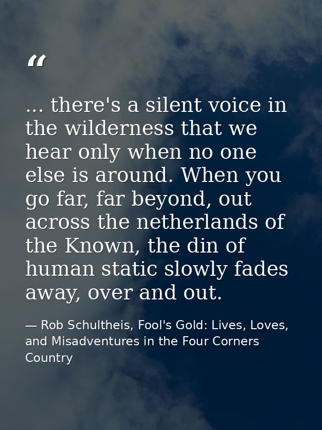 ... there's a silent voice in the wilderness that we hear only when no one else is around. When you go far, far beyond,  — Rob Schultheis, Fool's Gold: Lives, Loves, and Misadventures in the Four Corners Country
