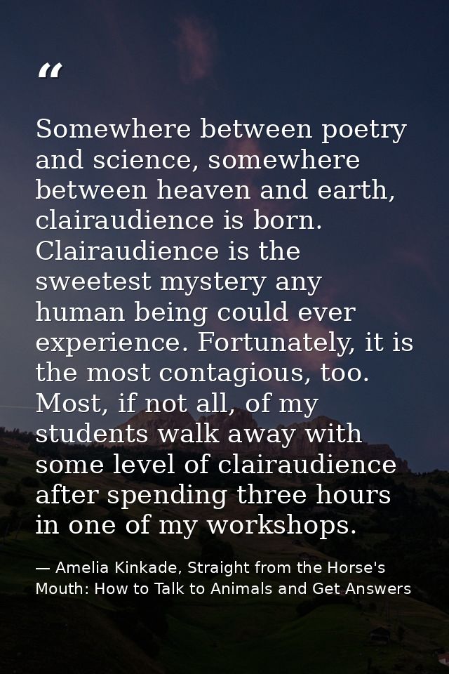 Somewhere between poetry and science, somewhere between heaven and earth, clairaudience is born. Clairaudience is the sw — Amelia Kinkade, Straight from the Horse's Mouth: How to Talk to Animals and Get Answers