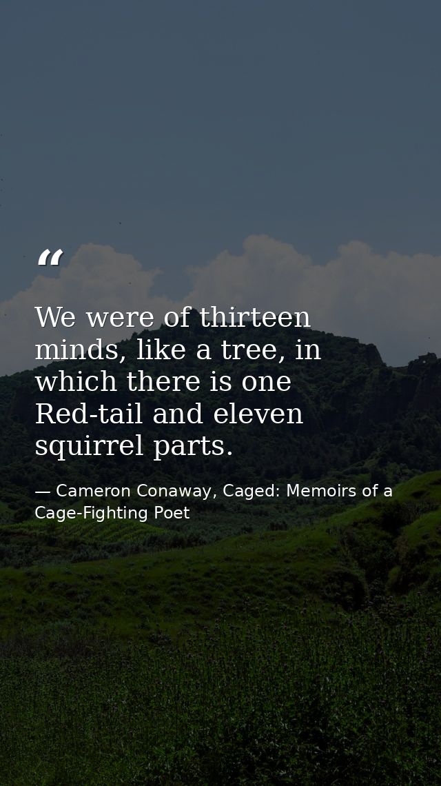We were of thirteen minds, like a tree, in which there is one Red-tail and eleven squirrel parts. — Cameron Conaway, Caged: Memoirs of a Cage-Fighting Poet