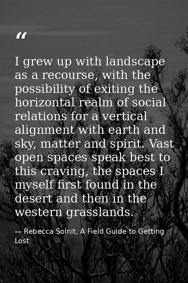 I grew up with landscape as a recourse, with the possibility of exiting the horizontal realm of social relations for a v — Rebecca Solnit, A Field Guide to Getting Lost