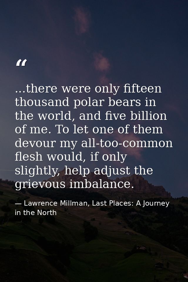...there were only fifteen thousand polar bears in the world, and five billion of me. To let one of them devour my all-t — Lawrence Millman, Last Places: A Journey in the North
