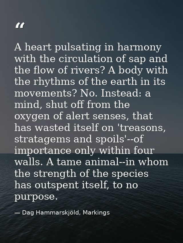 A heart pulsating in harmony with the circulation of sap and the flow of rivers? A body with the rhythms of the earth in — Dag Hammarskjöld, Markings