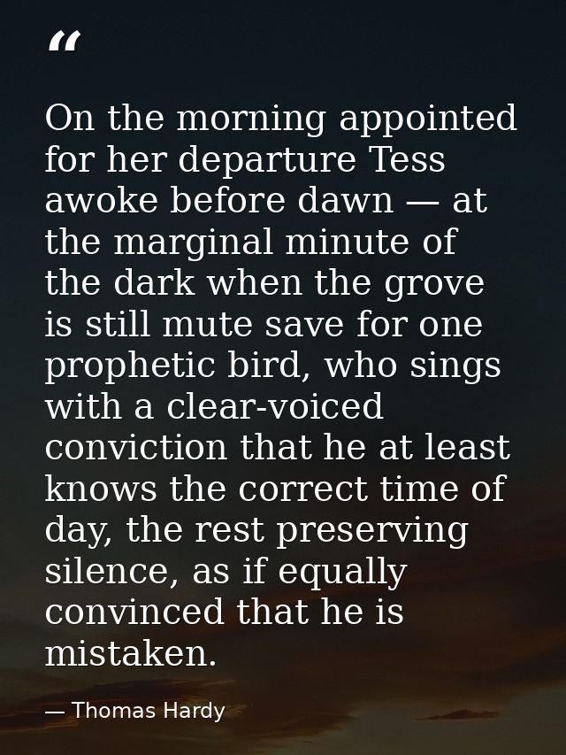On the morning appointed for her departure Tess awoke before dawn — at the marginal minute of the dark when the grove is — Thomas Hardy
