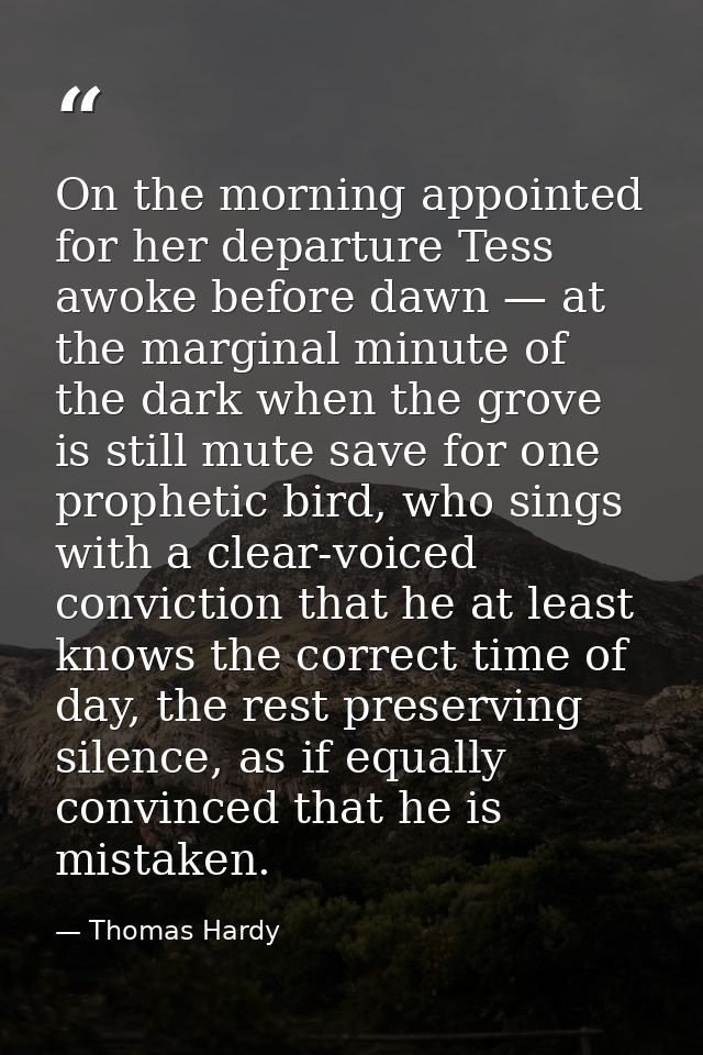 On the morning appointed for her departure Tess awoke before dawn — at the marginal minute of the dark when the grove is — Thomas Hardy