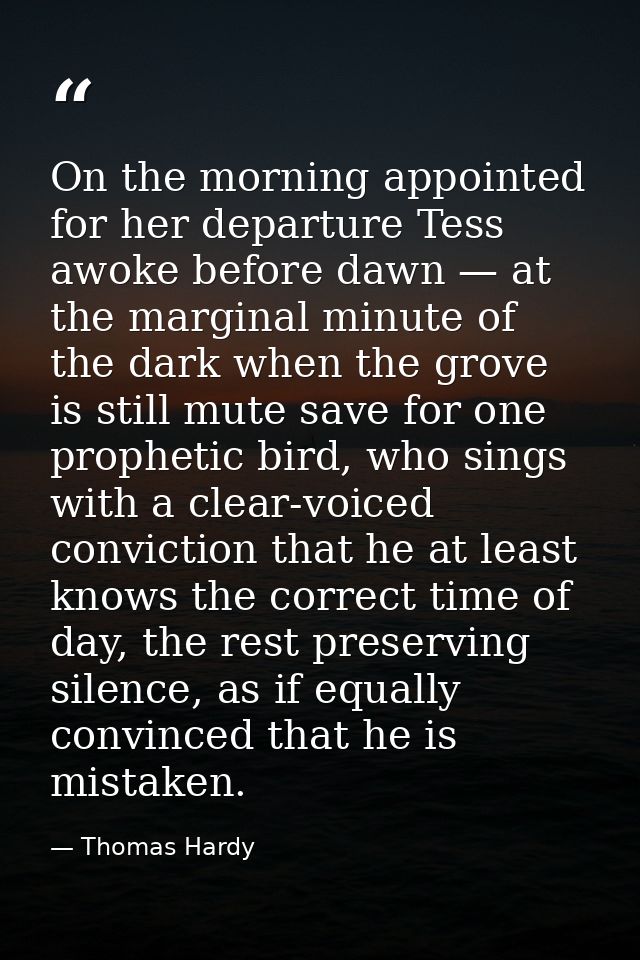 On the morning appointed for her departure Tess awoke before dawn — at the marginal minute of the dark when the grove is — Thomas Hardy