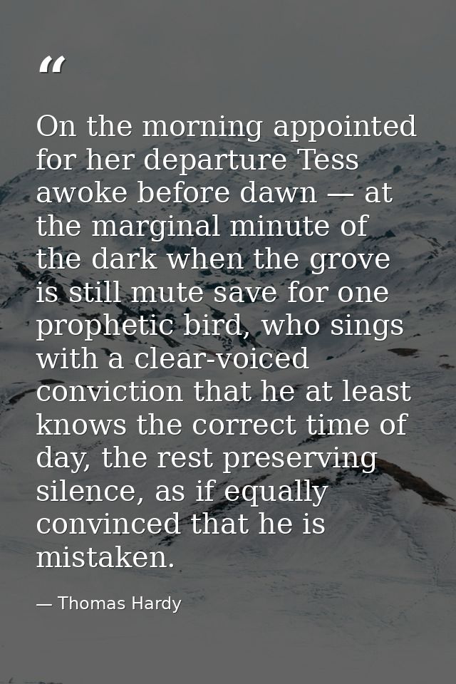 On the morning appointed for her departure Tess awoke before dawn — at the marginal minute of the dark when the grove is — Thomas Hardy