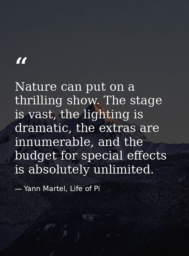 Nature can put on a thrilling show. The stage is vast, the lighting is dramatic, the extras are innumerable, and the bud — Yann Martel, Life of Pi