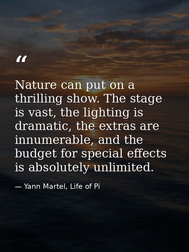 Nature can put on a thrilling show. The stage is vast, the lighting is dramatic, the extras are innumerable, and the bud — Yann Martel, Life of Pi