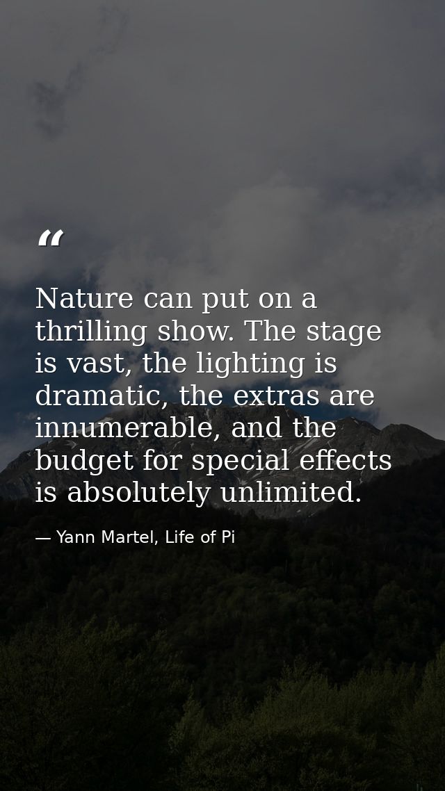 Nature can put on a thrilling show. The stage is vast, the lighting is dramatic, the extras are innumerable, and the bud — Yann Martel, Life of Pi